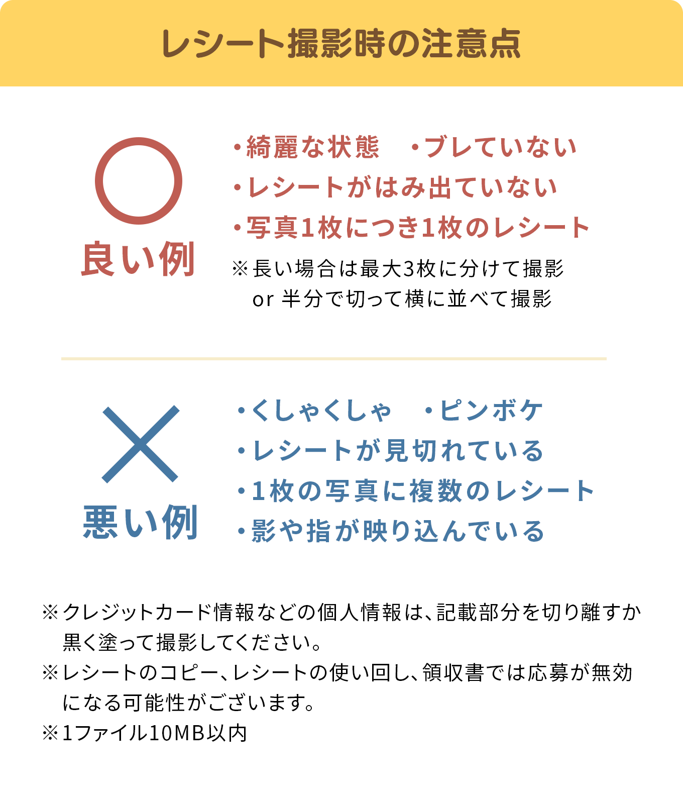 レシート撮影時の注意点です。よくお読みください。